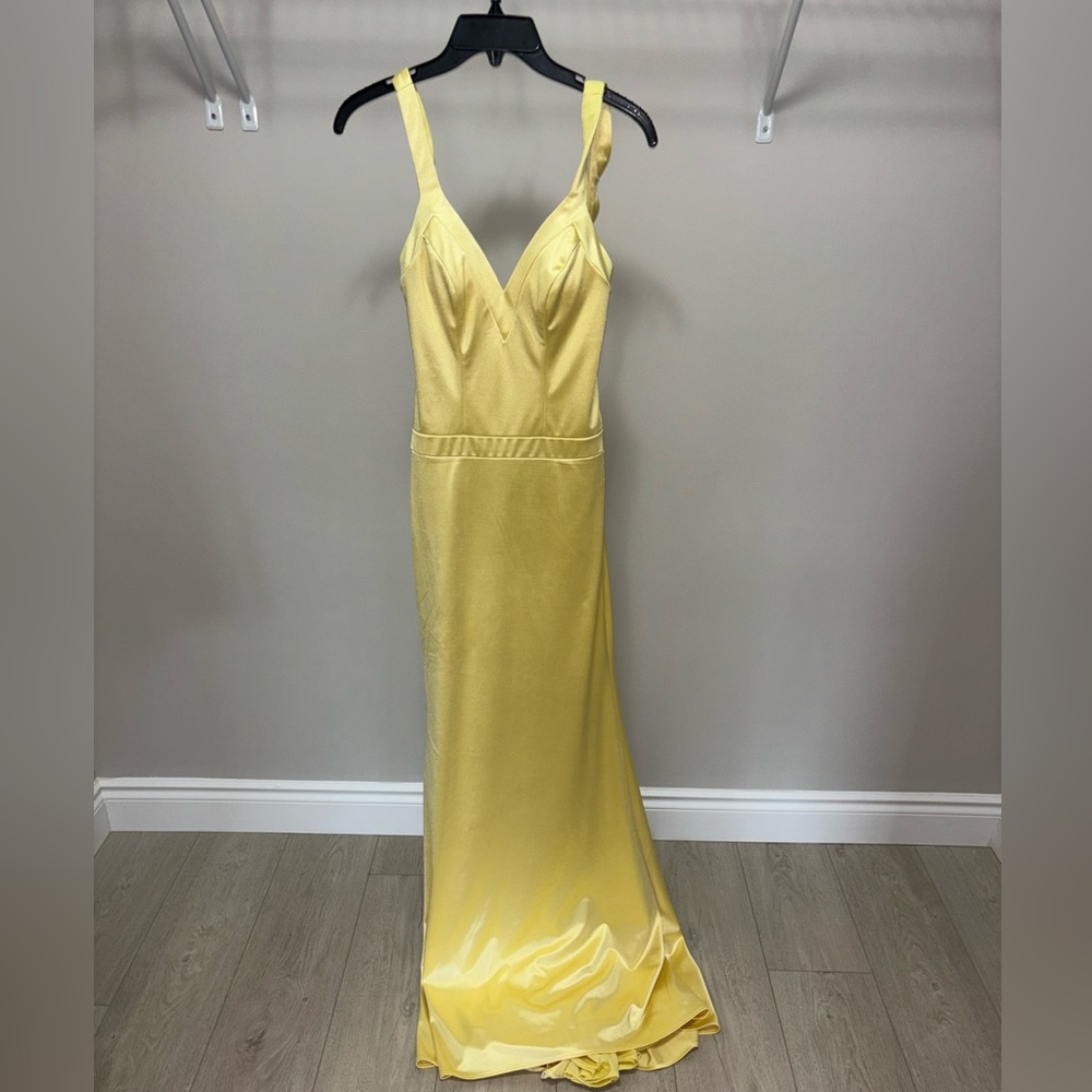 Faviana Deep Crossover Back Satin Maxi Dress With V-Neck